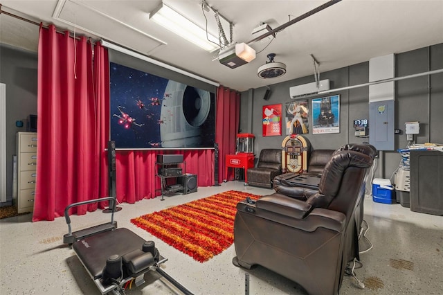 home theater room featuring electric panel and an AC wall unit