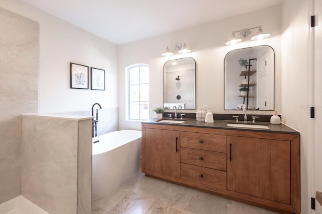 bathroom featuring vanity and shower with separate bathtub