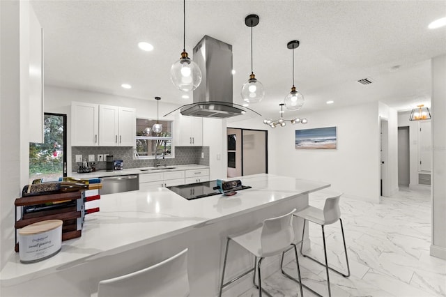 kitchen with sink, dishwasher, white cabinets, island exhaust hood, and backsplash