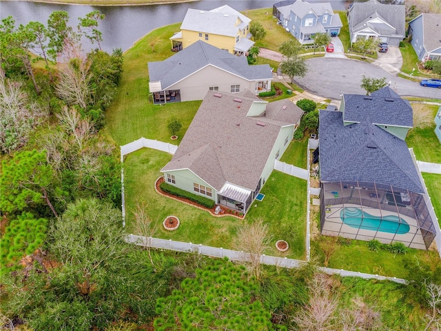 drone / aerial view featuring a water view