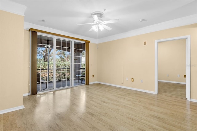 empty room with crown molding, ceiling fan, and light wood-type flooring