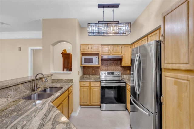 kitchen featuring pendant lighting, sink, stainless steel appliances, light stone countertops, and light brown cabinetry