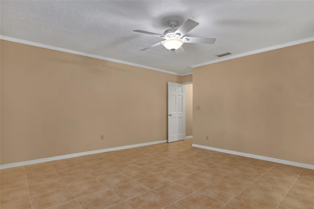 empty room featuring crown molding, light tile patterned floors, a textured ceiling, and ceiling fan