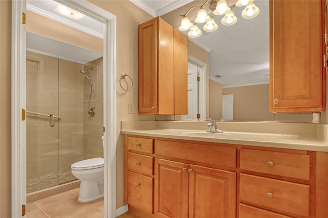 bathroom with an enclosed shower, vanity, ornamental molding, tile patterned floors, and toilet