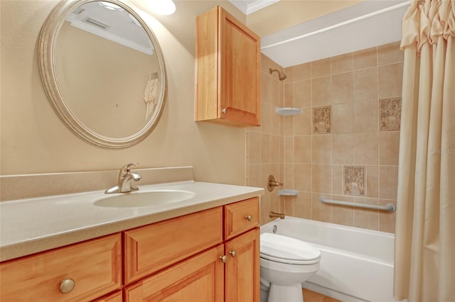 full bathroom featuring ornamental molding, vanity, shower / tub combo with curtain, and toilet