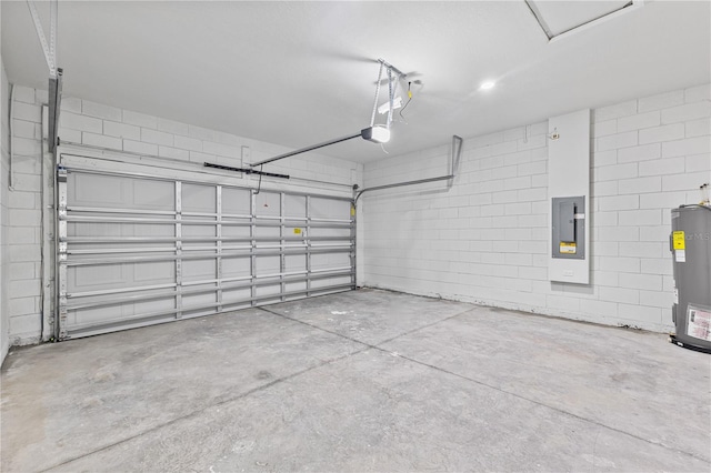 garage with water heater, a garage door opener, and electric panel