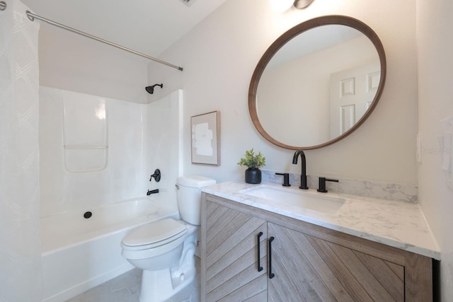 full bathroom featuring shower / tub combination, vanity, tile patterned floors, and toilet