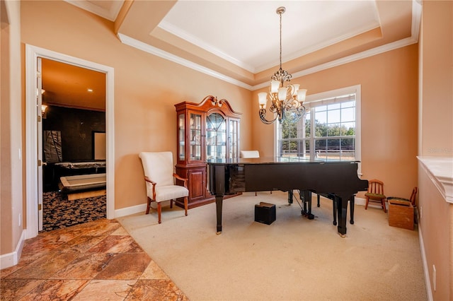 misc room with ornamental molding, carpet floors, a notable chandelier, and a tray ceiling