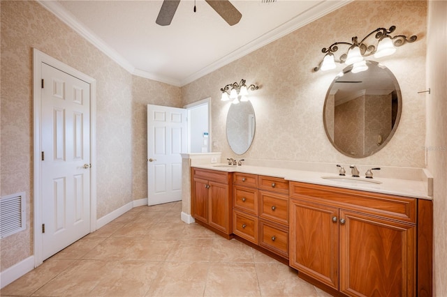 bathroom featuring vanity, crown molding, tile patterned floors, and ceiling fan