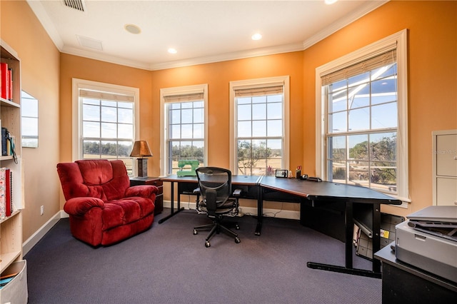 home office with ornamental molding and carpet flooring