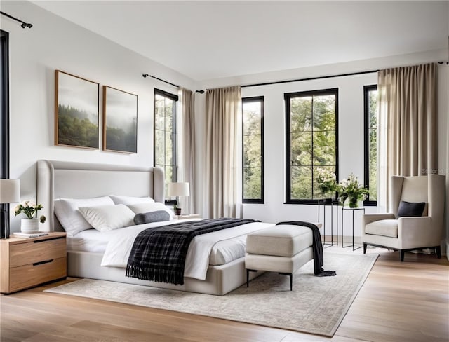 bedroom featuring light hardwood / wood-style floors and multiple windows