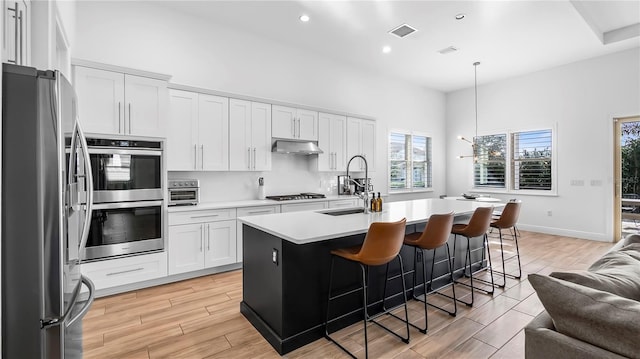 kitchen featuring sink, white cabinetry, hanging light fixtures, appliances with stainless steel finishes, and a kitchen island with sink