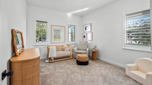 living area with light colored carpet