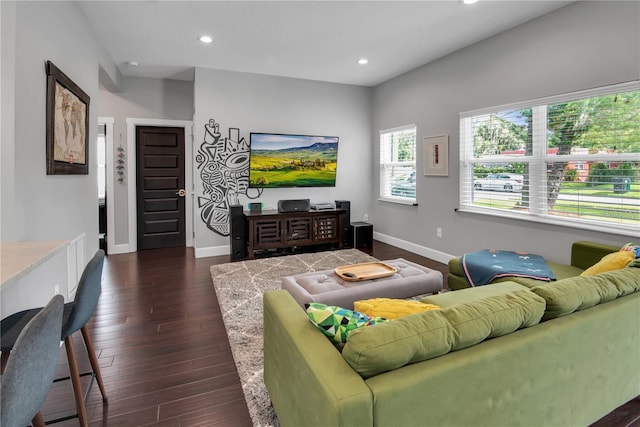 living room featuring dark wood-type flooring