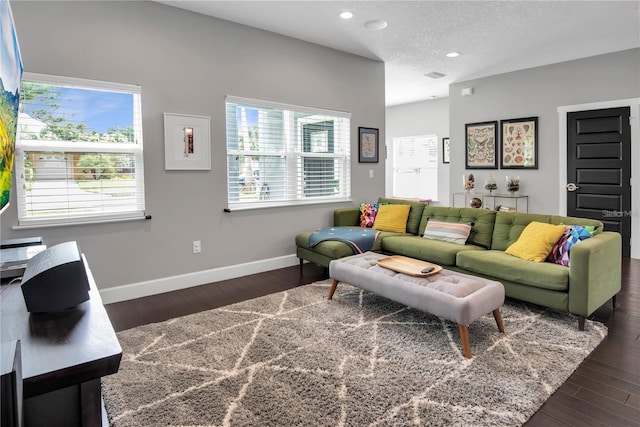 living room featuring dark hardwood / wood-style flooring and a textured ceiling