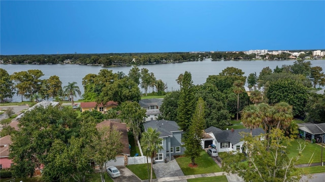 drone / aerial view featuring a water view