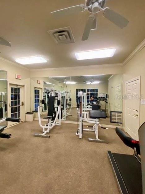 exercise room featuring crown molding and ceiling fan