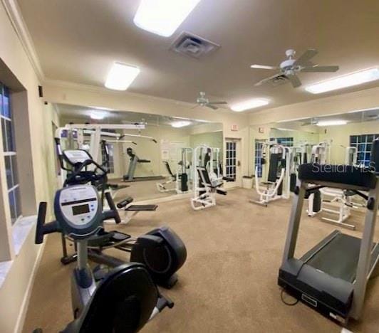 gym with ornamental molding and ceiling fan