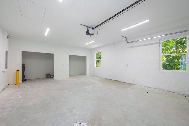 garage with a garage door opener, electric panel, and electric water heater