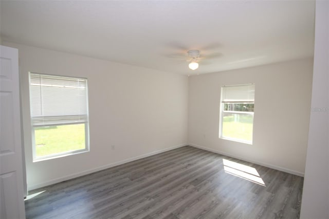 spare room featuring ceiling fan, plenty of natural light, and dark hardwood / wood-style floors