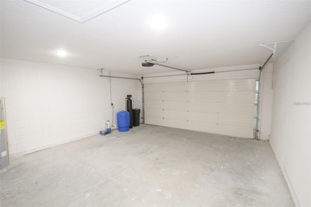 garage with a garage door opener and electric water heater