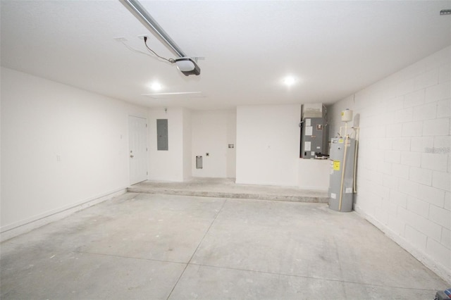 garage featuring water heater, a garage door opener, electric panel, and heating unit