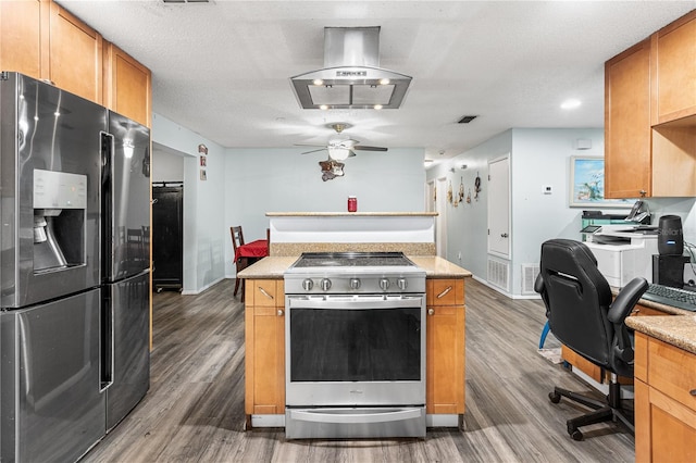 kitchen featuring fridge with ice dispenser, stainless steel range with electric cooktop, a textured ceiling, dark hardwood / wood-style floors, and island exhaust hood