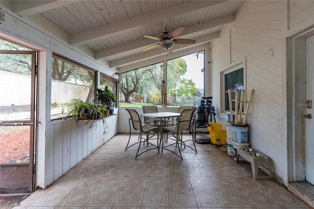 sunroom / solarium featuring wood ceiling, ceiling fan, and vaulted ceiling with beams