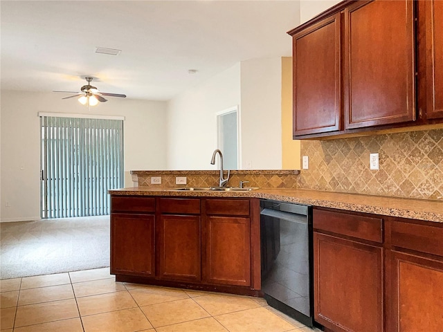 kitchen with light tile patterned flooring, sink, dishwasher, ceiling fan, and decorative backsplash