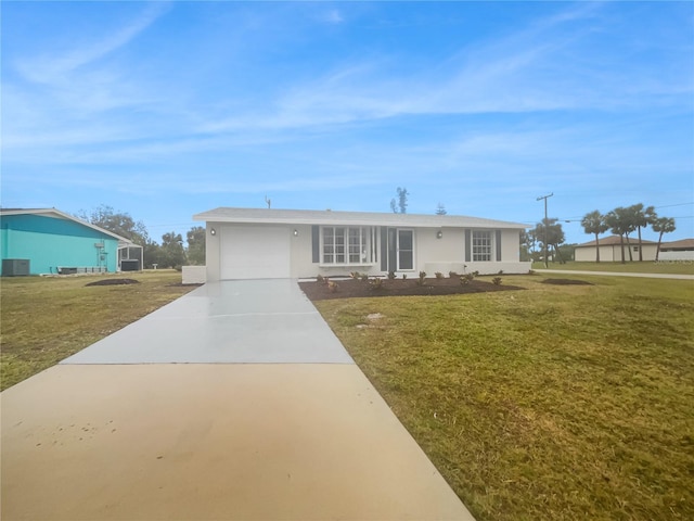 ranch-style house with a garage and a front yard