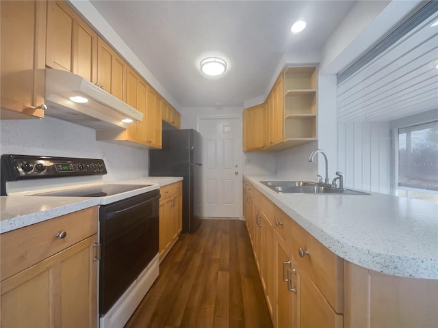 kitchen featuring dark hardwood / wood-style flooring, light brown cabinetry, sink, and range with electric stovetop