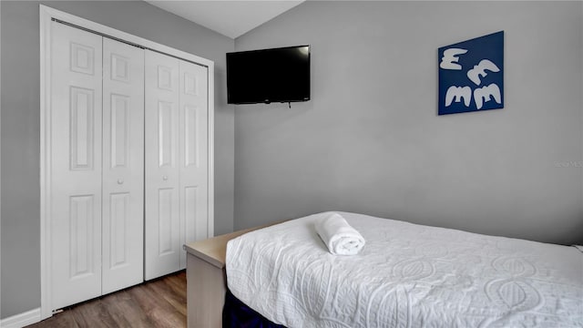 bedroom featuring vaulted ceiling, dark hardwood / wood-style floors, and a closet