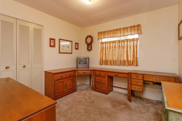 office area with light colored carpet and a textured ceiling