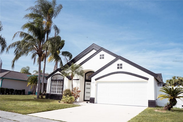 ranch-style home with a garage and a front lawn