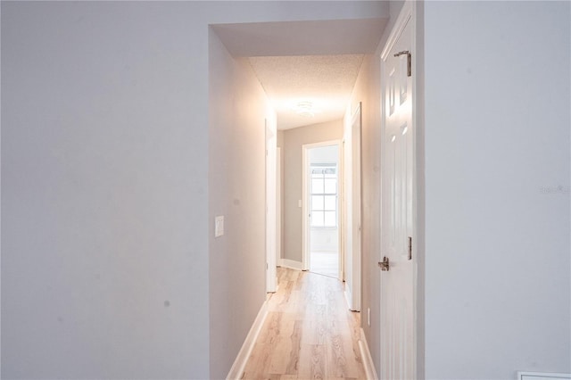 hall featuring a textured ceiling and light wood-type flooring