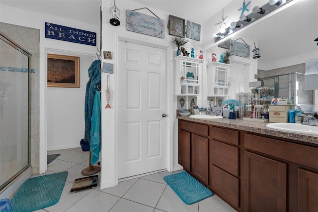 bathroom featuring tile patterned flooring, vanity, and an enclosed shower