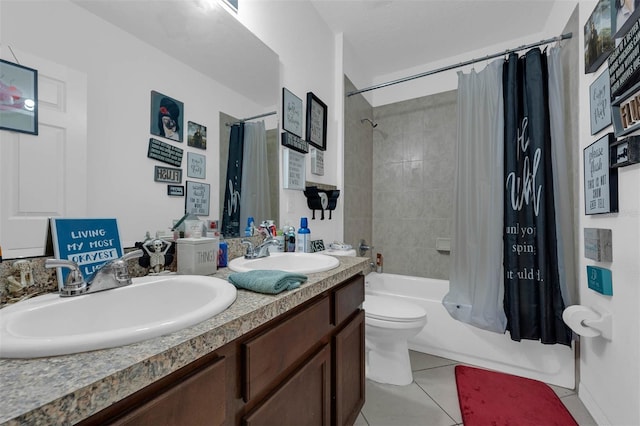 full bathroom with tile patterned flooring, vanity, shower / tub combo with curtain, and toilet