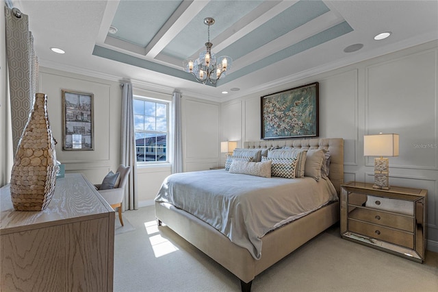 carpeted bedroom featuring an inviting chandelier, crown molding, and a raised ceiling