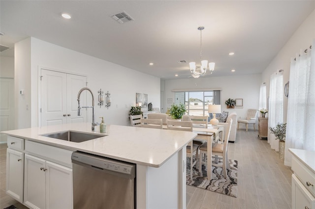 kitchen with white cabinetry, pendant lighting, sink, and stainless steel dishwasher