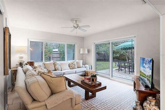 living room with ceiling fan