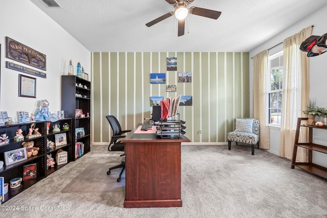 office space with ceiling fan, carpet flooring, and a textured ceiling