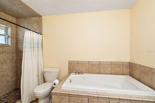 bathroom with plus walk in shower, toilet, and a textured ceiling