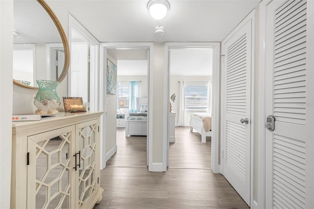 hallway featuring plenty of natural light and dark hardwood / wood-style flooring