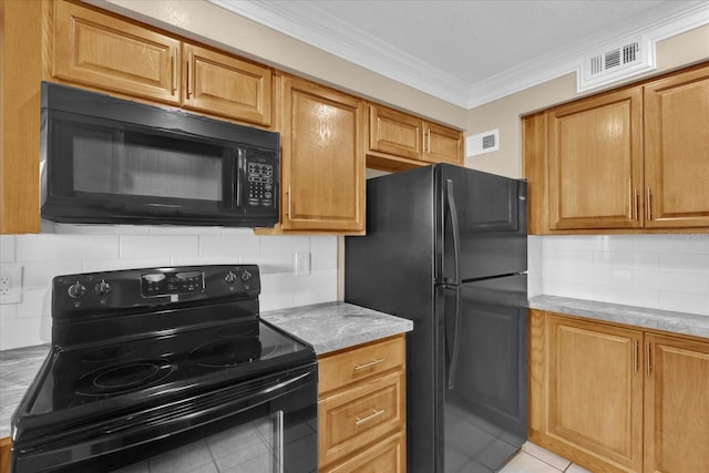 kitchen with black appliances, light tile patterned floors, ornamental molding, light stone countertops, and backsplash