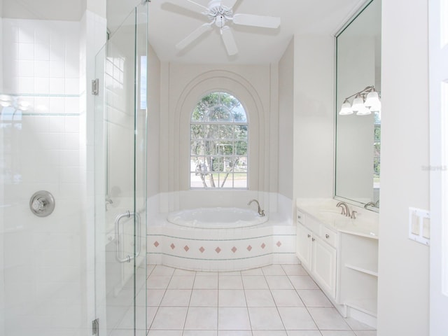 bathroom featuring vanity, separate shower and tub, tile patterned floors, and ceiling fan