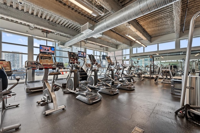 workout area featuring a high ceiling and a wealth of natural light