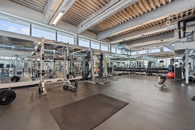 workout area featuring a towering ceiling