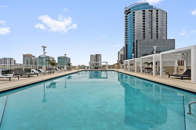 view of swimming pool featuring a patio