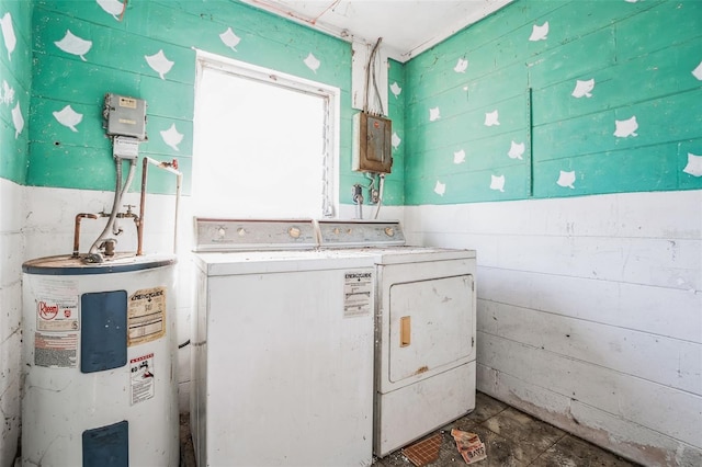 laundry room featuring water heater and washing machine and clothes dryer