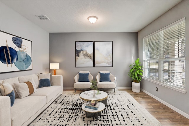 living room with a textured ceiling and light hardwood / wood-style floors